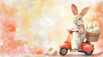 Rabbit delivery of colored eggs. A cute postcard for the Christian holiday of Holy Easter