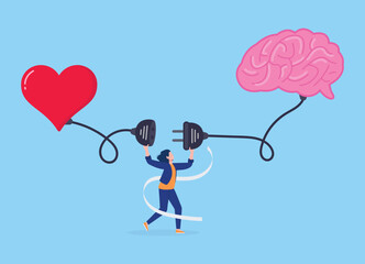 Heart and brain connection, control feeling and emotion with logical thinking brain, woman connect plug with heart to brain concept  vector illustration with flat style design