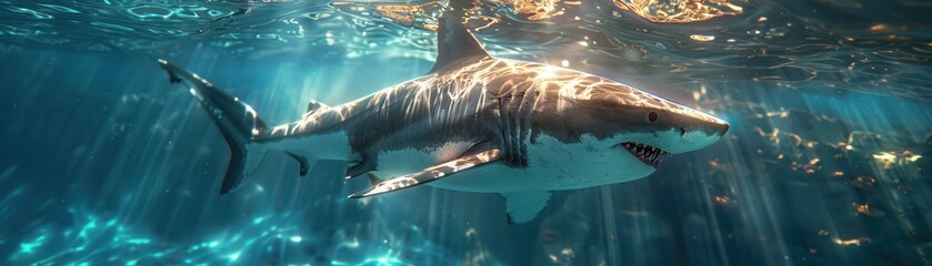  Close-up of a 3D-rendered shark beneath crystal-clear pool water with sunlight filtering through