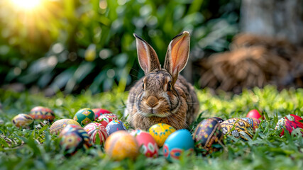 Fototapeta na wymiar Cute rabbit as easter bunny sitting with easter eggs and flowers.