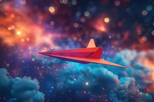 Close-up of a 3D-rendered red paper plane soaring through a vibrant galaxy with stars illuminating its path under rich