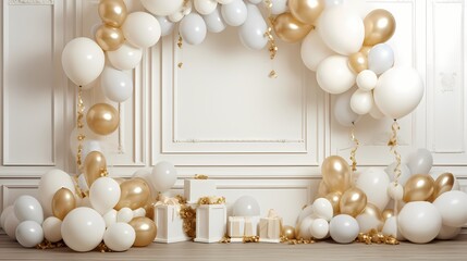Fototapeta na wymiar Exquisite mockup featuring a white background embellished with an artful composition of white balloons and an ornate ribbon.