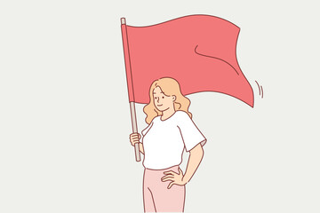 Communist woman holds red flag, advocating class equality or strengthening trade unions