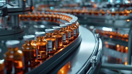 Conveyor belt with bottles of medicine. Pharmaceutical industry