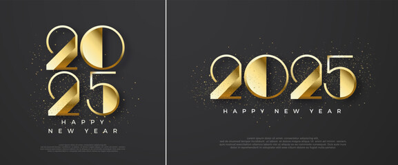 Happy New Year 2025 Design. With shiny luxury gold numbers, black background. Vector Premium for greetings, celebrations and welcoming the new year 2025.