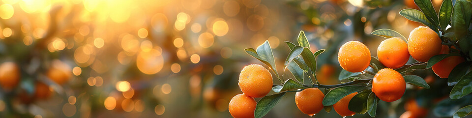 ripe orange tangerines growing on tree branches on plantation with sunlight close-up
