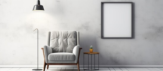 A single white chair is placed in a room accompanied by a standing lamp and a framed picture on the wall