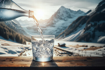 Pouring water from bottle into a glass on a background of winter landscape of mountains.  natural water. generative ai - obrazy, fototapety, plakaty