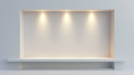 Empty shelf on white wall with led spotlight 3D mockup