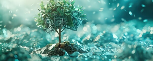  Close-up of 3D-rendered money tree with coins and bills as leaves freezing inside a freezer