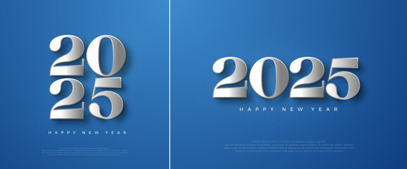 New year 2025 with metallic silver 3d numbers, blue background with glow. Premium vector design for greeting and celebration of happy new year 2025.