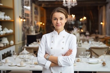 Fototapeta na wymiar Confident female chef standing with crossed arms in sophisticated restaurant setting