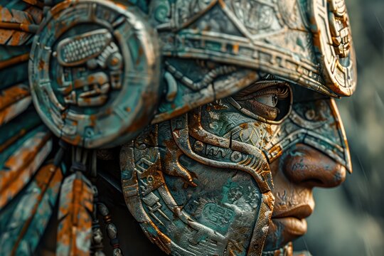 Close-up of a 3D-rendered Aztec warrior s stone helmet with a carved arrow embedded