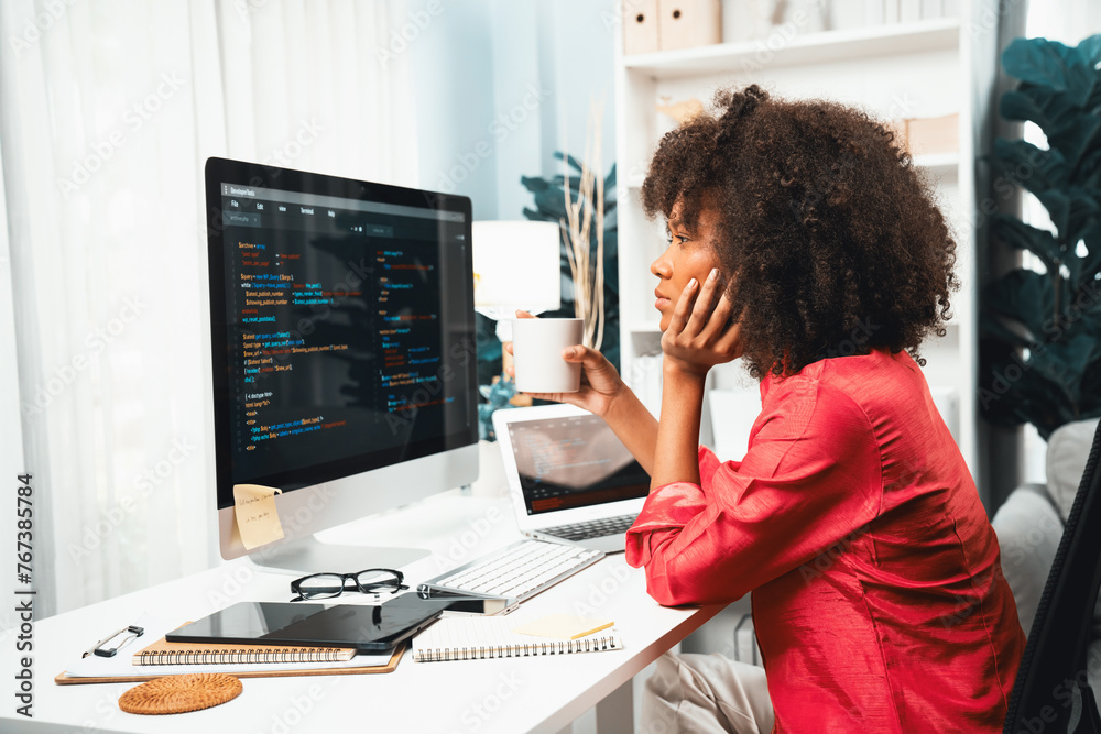Poster young working african woman creating coding website developer, thinking data information designer at