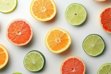 Pattern of ripe slices of citrus fruits on white background