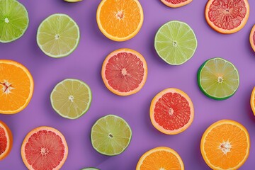 Pattern of ripe slices of citrus fruits on purple background