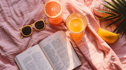 A summer reading flat lay featuring a novel sunglasses and a refreshing drink. - obrazy, fototapety, plakaty