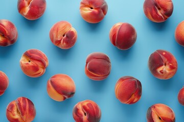 Pattern of ripe peaches on blue background