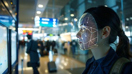 Intricate biometric features scans commuter ladie's face at airport