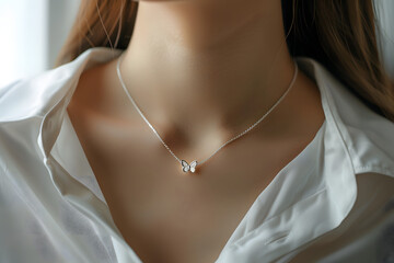 elegant silver necklace with small butterfly pendants on woman neck - obrazy, fototapety, plakaty