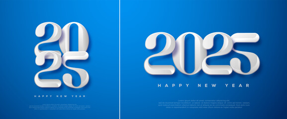 New Year Design 2025. Welcoming the New Year 2025 with Illustration of White Figures. In the blue background of Bokeh.Vector Premium for greetings