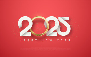Happy New Year 2025, with numbers and shiny gold bands. Red background, bright light. Premium Vector Design for Happy New Year 2025 greetings and celebrations.