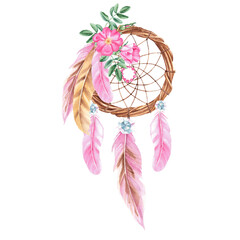 Dream catcher with dog rose flowers, crystals and pink feathers. Watercolor hand drawn illustration on a white background. Bohemian decoration, chic design. American culture mystery ethnic tribal