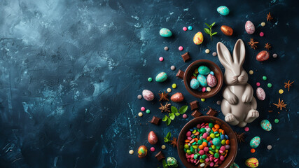 Easter bunny with chocolate eggs and candy on a blue background space for copy text - obrazy, fototapety, plakaty