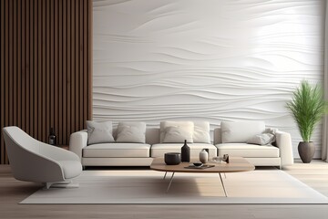 Envision a sleek 3D wall mockup becoming a focal point in a contemporary living room, seamlessly integrating with the Scandinavian home interior design.
