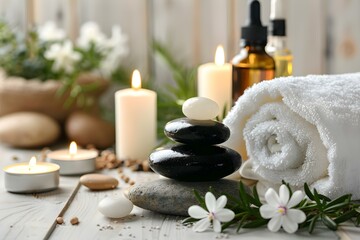 Obraz na płótnie Canvas Creating a Relaxing Spa Atmosphere with Towels, Candles, Essential Oils, Massage Stones, and Natural Creams on a Light Wooden Background. Concept Spa Essentials, Relaxation Setup, Natural Skincare