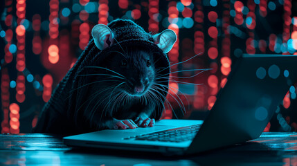 a rat black sweater, sitting and typing on notebook, obscured dark face. cyber crime concept.