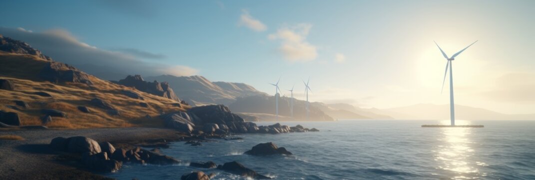 Modern windmill for generating electrical energy with scenic mountains and tranquil sea. Copy space