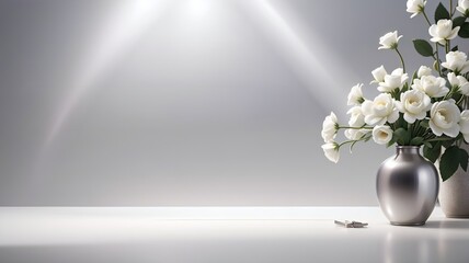 A white background for product presentation with white flowers vase