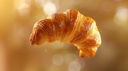 Croissant floating in the air, solid background. Generated by artificial intelligence.