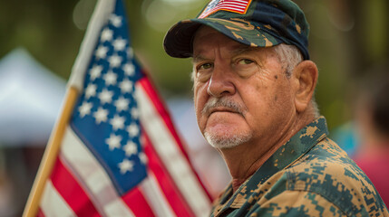 A veteran holding an American flag at a 4th of July remembrance ceremony. - obrazy, fototapety, plakaty