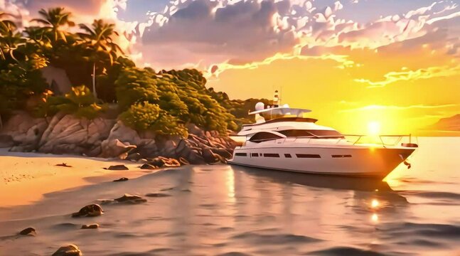 A high dynamic range photo of a secluded beach with a private yacht anchored offshore, the sunset casting a golden glow on the water and the luxury vessel
