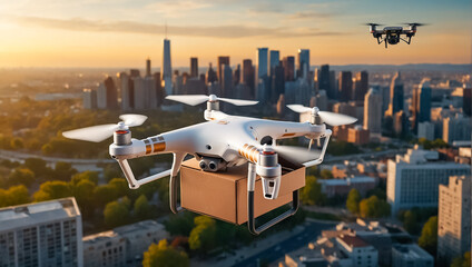 drone flies with a box over the city