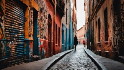 A colorful urban alleyway showcasing vibrant street art and a solitary figure walking away,...
