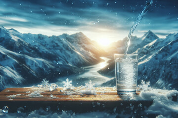 Pouring water from bottle into a glass on a background of winter landscape of mountains.  natural...
