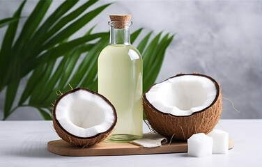 Obraz na płótnie Canvas coconuts and coconut oil with tropical leaves onwhite bathroom b