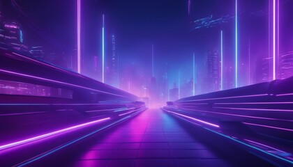 A futuristic cityscape bathed in neon lights with towering skyscrapers under a dusky sky, evoking a sense of advanced urban development