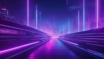 Poster A futuristic cityscape bathed in neon lights with towering skyscrapers under a dusky sky, evoking a sense of advanced urban development © video rost