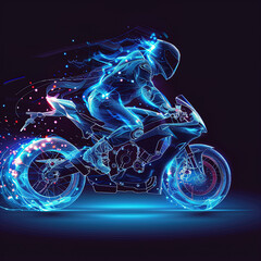 Motorcyclist at sport bike rides. Design of clothes, albums, notebooks. Sports banners, postcards