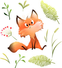 Funny forest fox, curious animal. Illustrated hilarious character for kids. Fox cartoon and forest nature leaves and grass elements. Isolated vector clipart for children in watercolor style. - 767388186