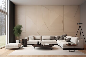 Dive into the modernity of a 3D wall mockup enhancing the aesthetic of a Scandinavian-inspired living room, where simplicity meets innovation in a captivating composition.