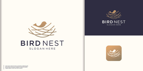 Simple and minimal bird nest icon logo line illustration, symbol bird house logo Vector template