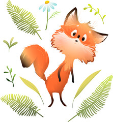 Cute forest fox curious animal, illustrated character for kids. Fox cartoon and forest nature leaves and grass elements. Isolated vector clipart for children in watercolor style. - 767388564