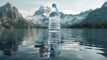 A bottle of water against the backdrop of a mountain river. Generated by artificial intelligence.