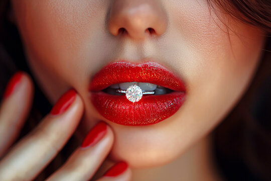 gold jeweled diamond ring in a female lips painted red lipstick close up. Selfish mercantile girl escort