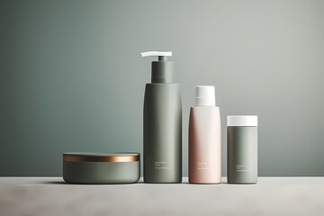 Clean and modern skincare product bottles aligned perfectly, showcasing copyspace on blank labels for personalized branding. Replace the original green hue with a subtle blush pink.